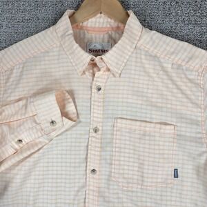 Simms Mens XL Fishing Shirt Long Sleeve Button Front Plaid Orange White Light